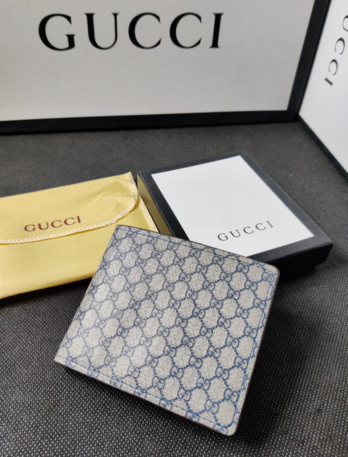 Gucci Leather Heavy Quality Blue Full printed design Fancy look Wallet For Man